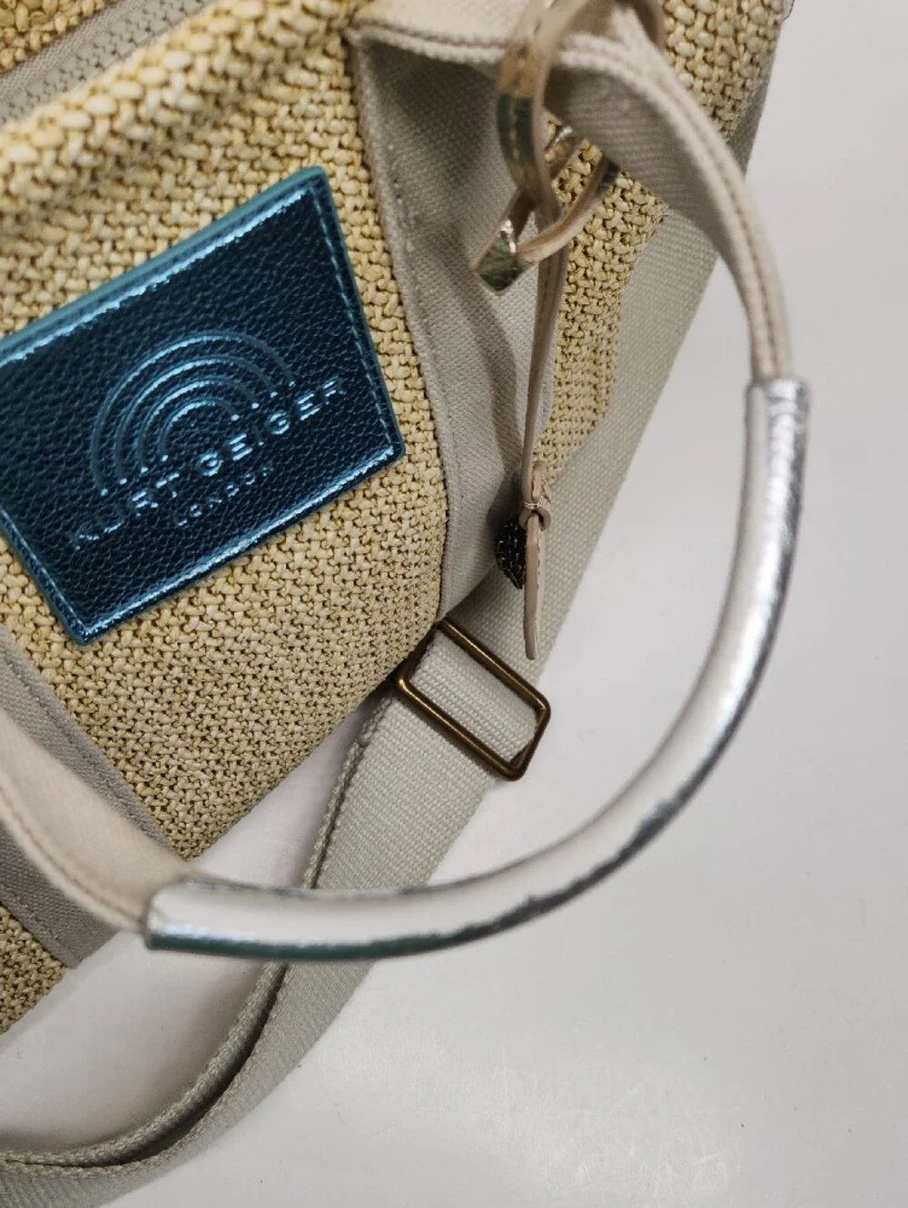 Kurt Geiger Beige Woven LONDON Satchel with Bright Blue Metallic Accents